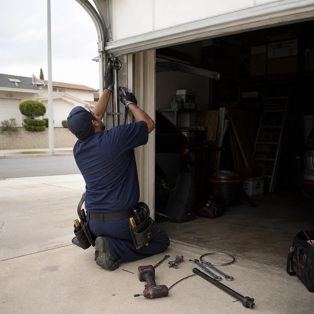 Technician performing professional garage door cable repair with tools
