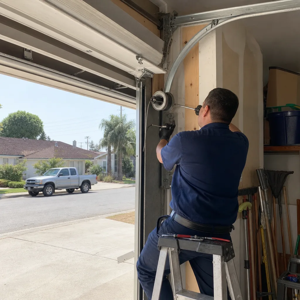 Professional technician performing a garage door cable repair