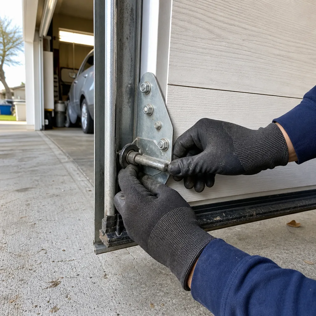 Technician performing professional garage door cable and roller repair services