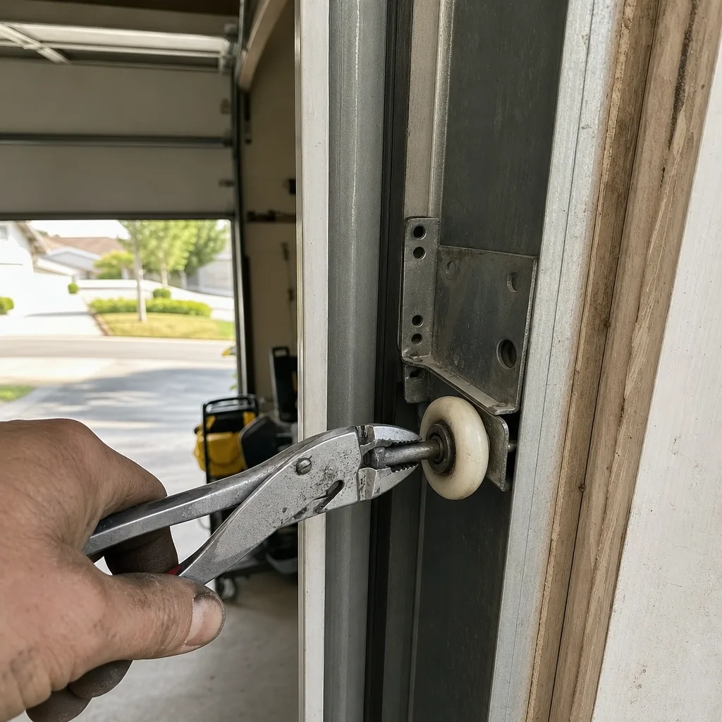 Technician repairing a garage door roller using pliers