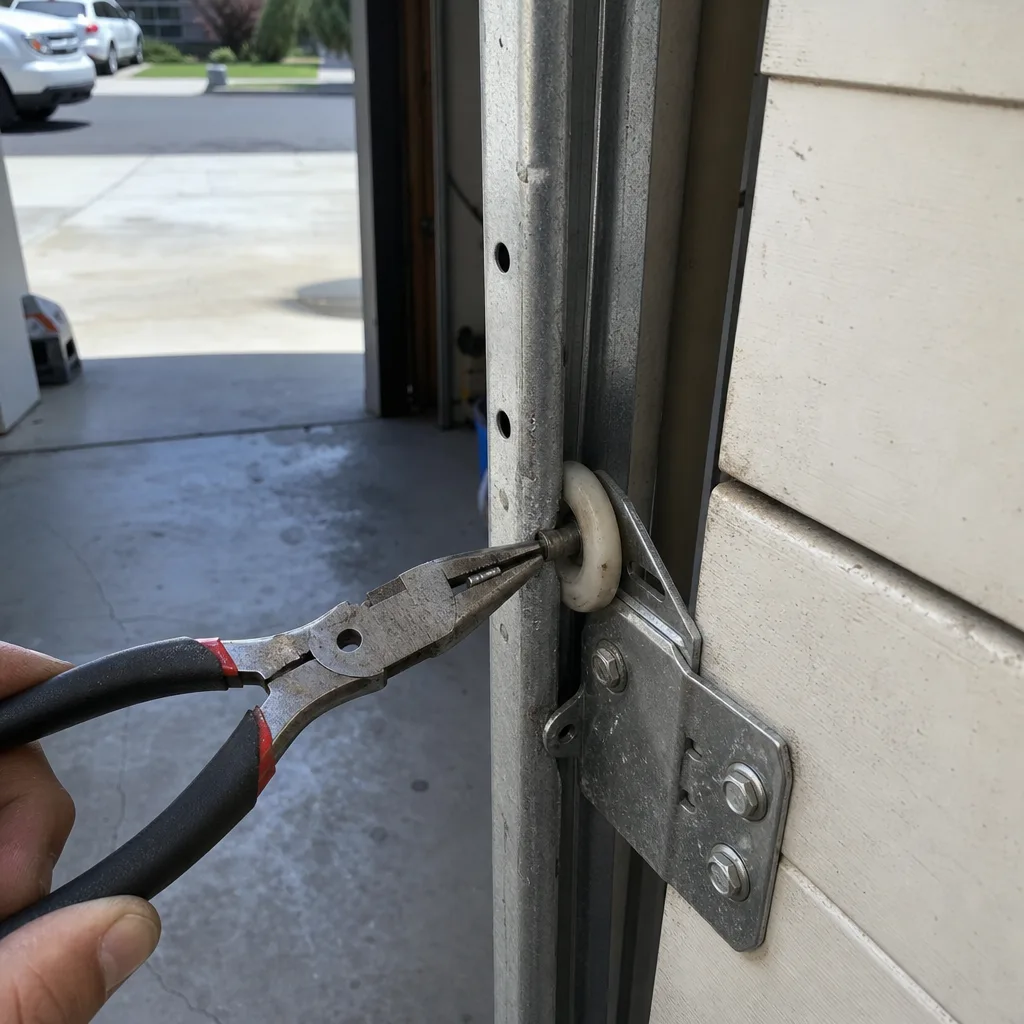 Technician repairing a garage door roller in a track