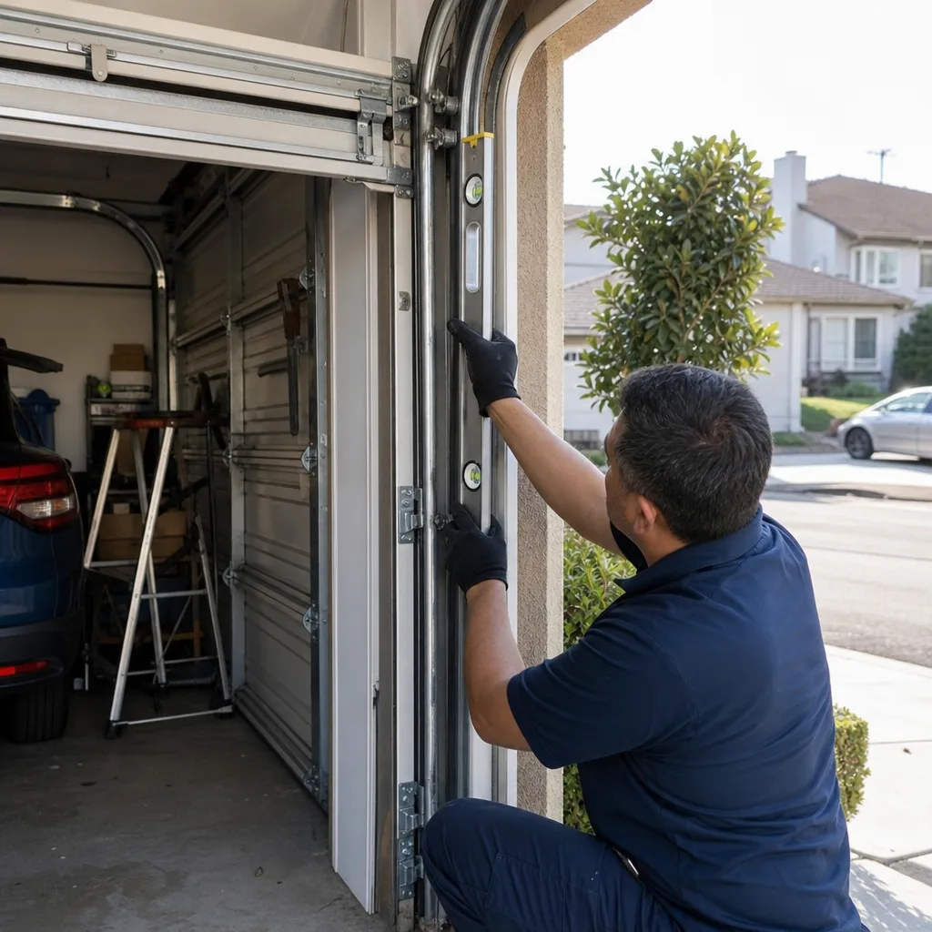 Technician checking vertical alignment of a garage door track with a level
